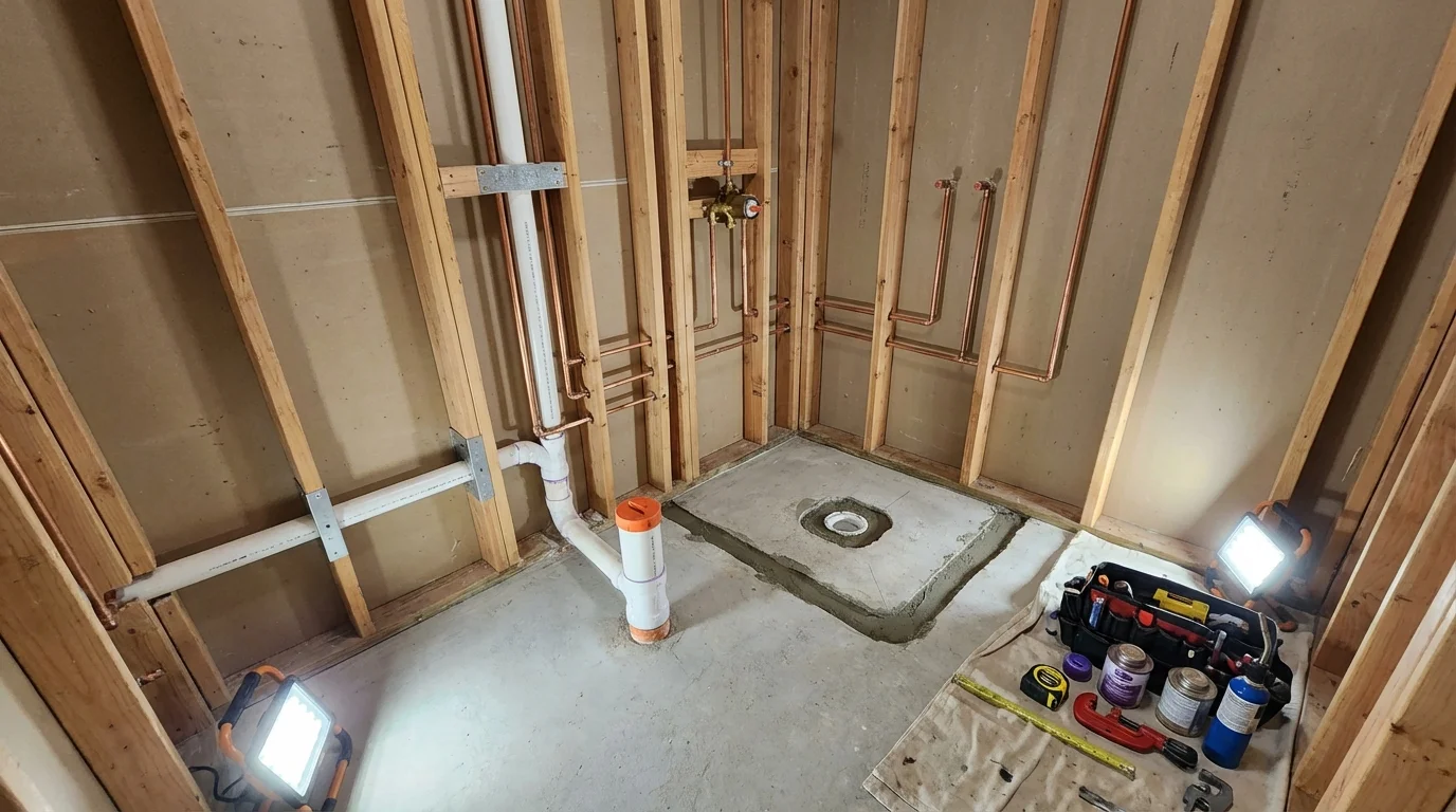 Bathroom rough-in plumbing during remodel by Johns Plumbing LLC in Holley