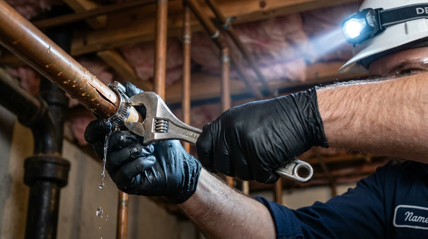 Emergency pipe clamp repair being performed by a Johns Plumbing LLC plumber in Holley