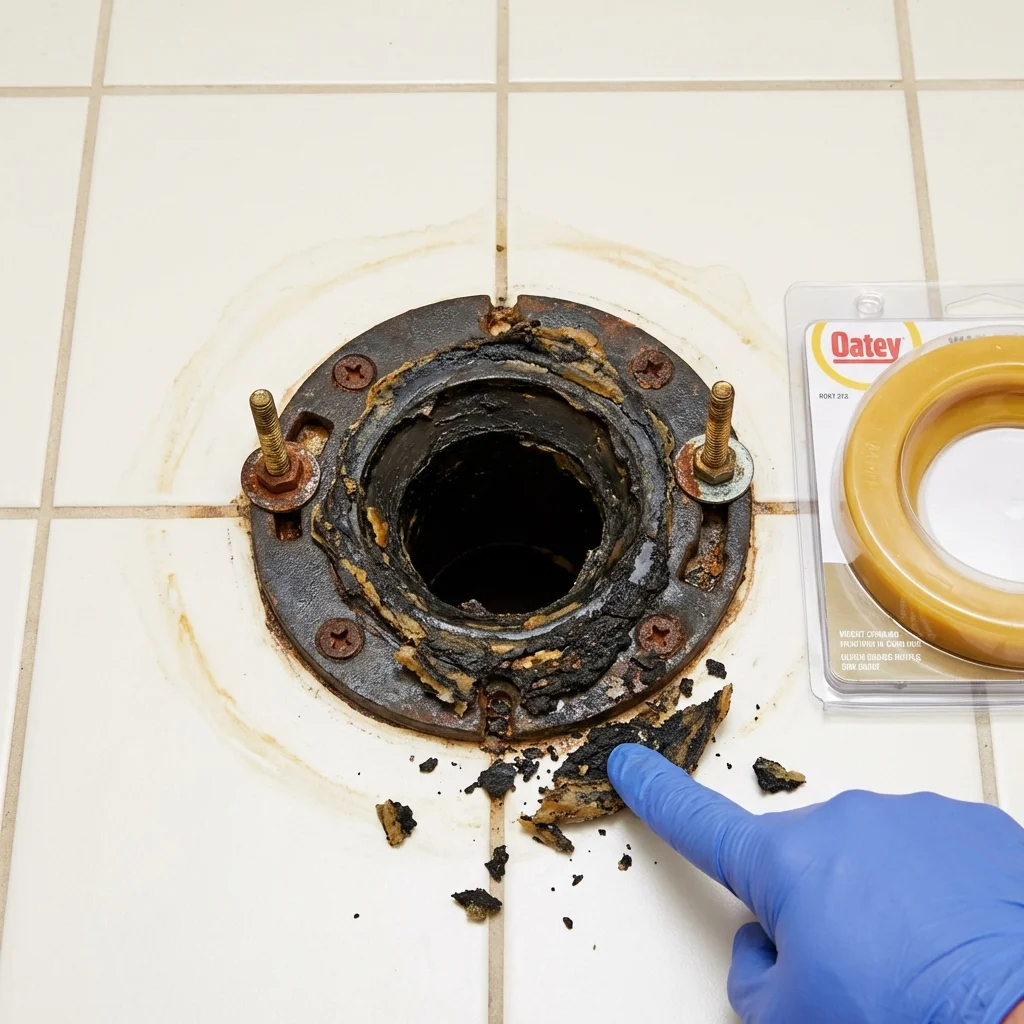 Failed wax ring showing water seepage at the base of a toilet in a Holley, NY home